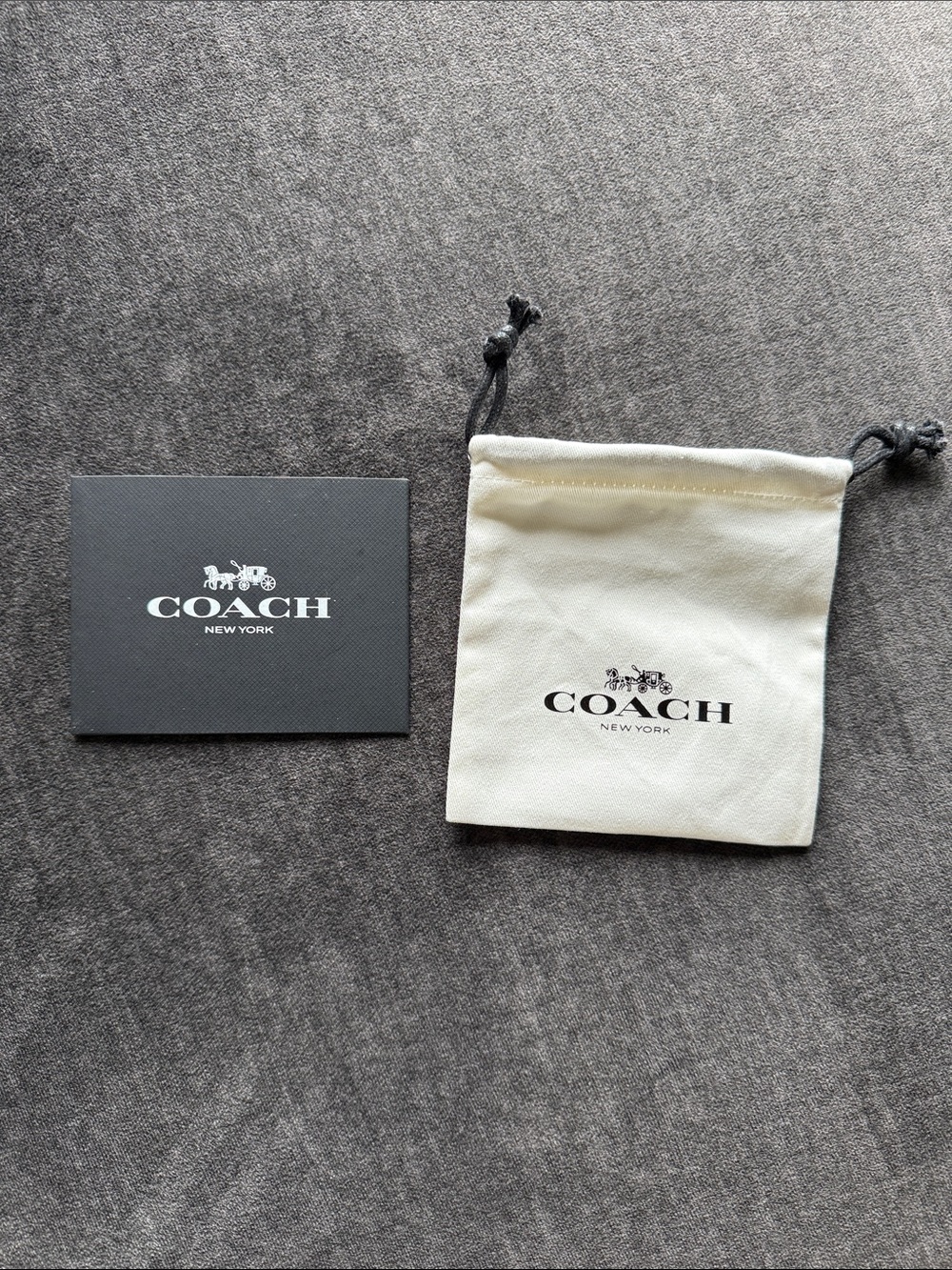 Coach Cream Drawstring Pouch with Black Logo and Gray Gift Card Holder
